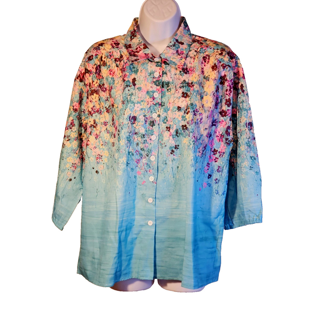 Cozy Tunic Blue Floral Size M Lightweight Multicolor 3/4 Sleeve Blouse New